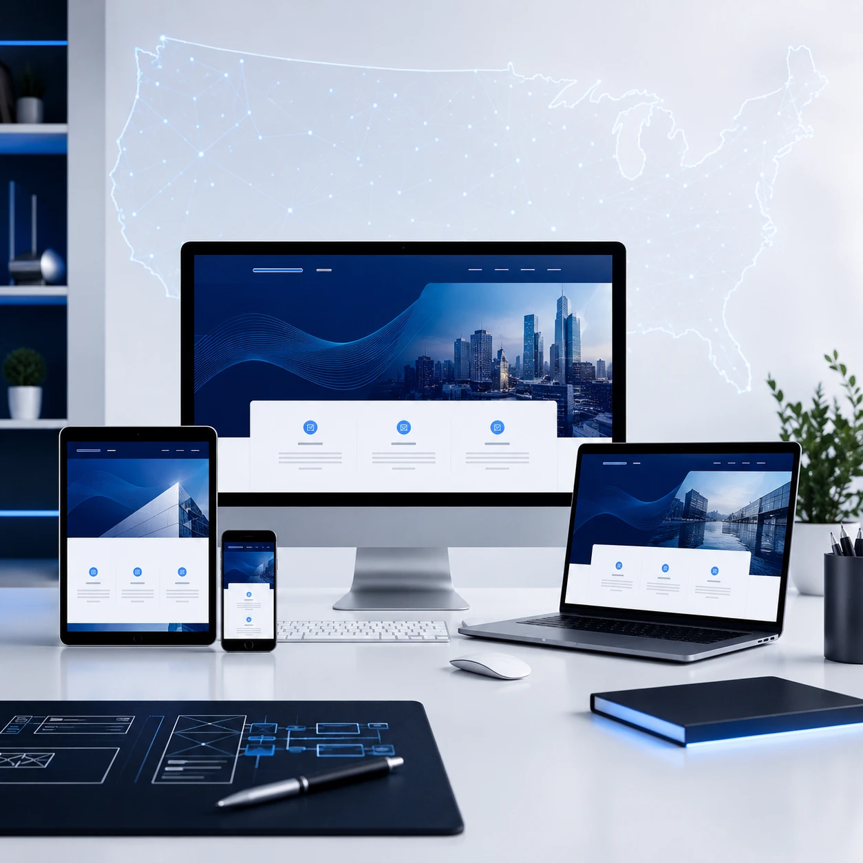 Responsive website design and development displayed across desktop, laptop, tablet, and mobile devices