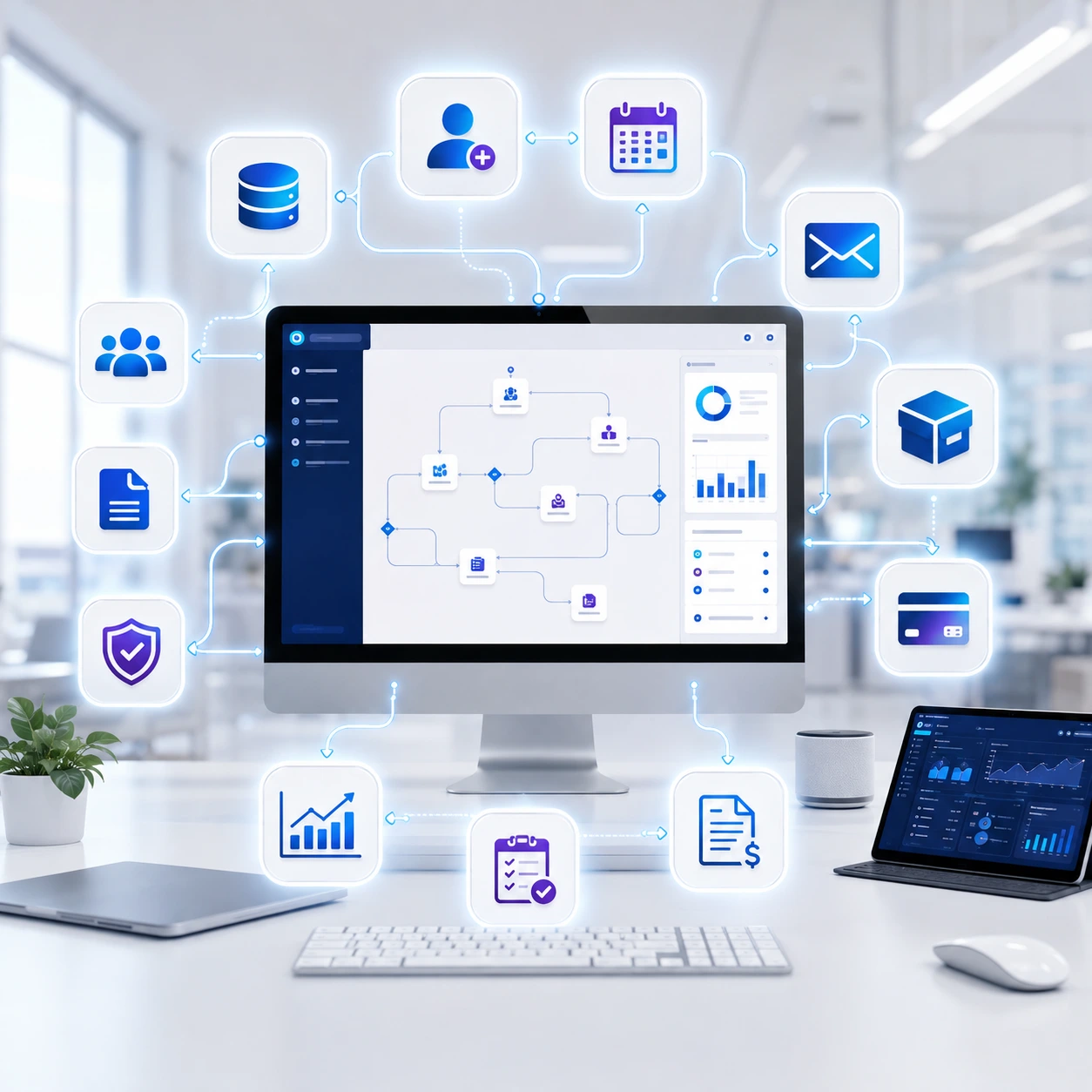 Business process automation system connecting data, scheduling, documents, payments, reporting, and customer management workflows