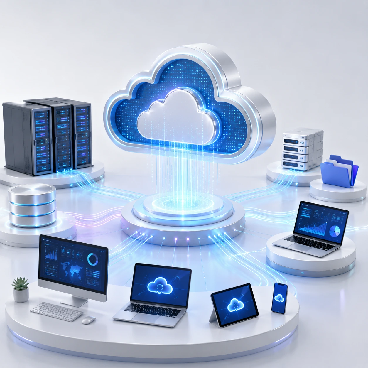 Cloud solutions connecting secure data storage, servers, business applications, and multiple devices