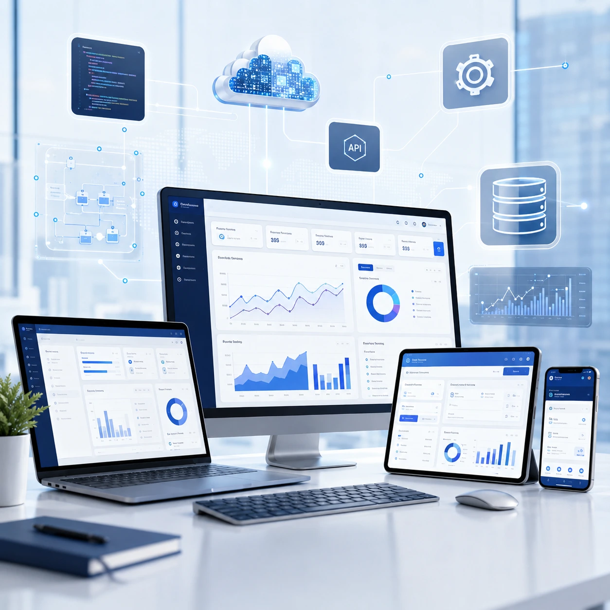 Custom software development dashboard displayed across desktop, laptop, tablet, and mobile devices with cloud and API integrations