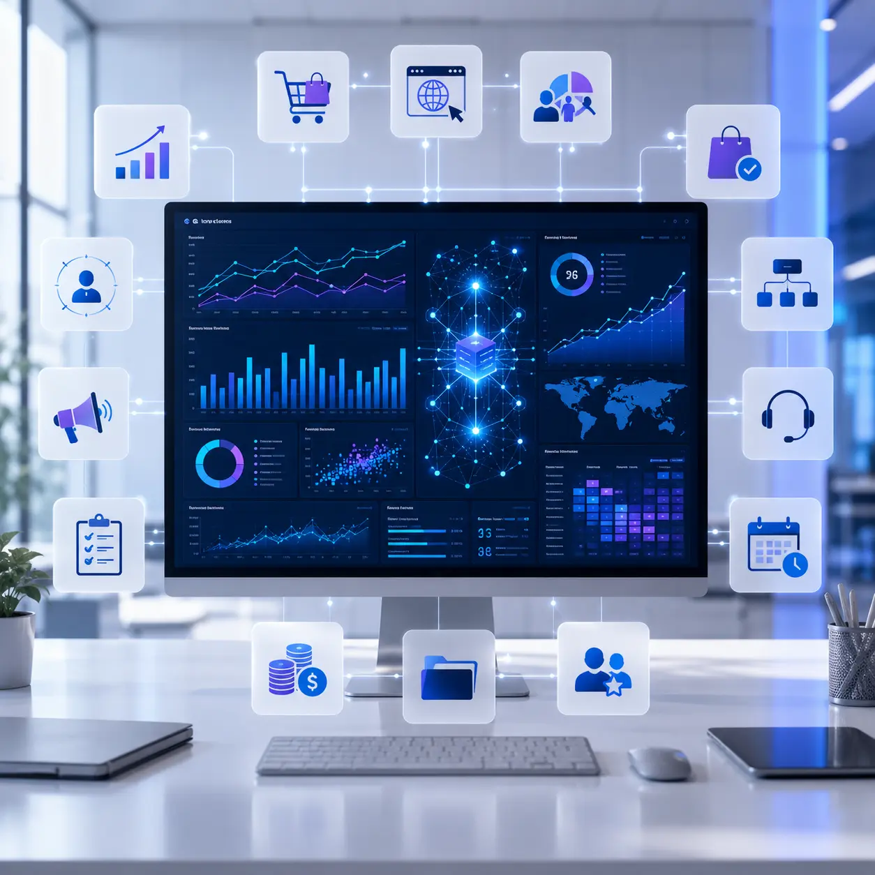 Data analytics and AI dashboard analyzing sales, customer behavior, marketing, inventory, operations, and financial performance.