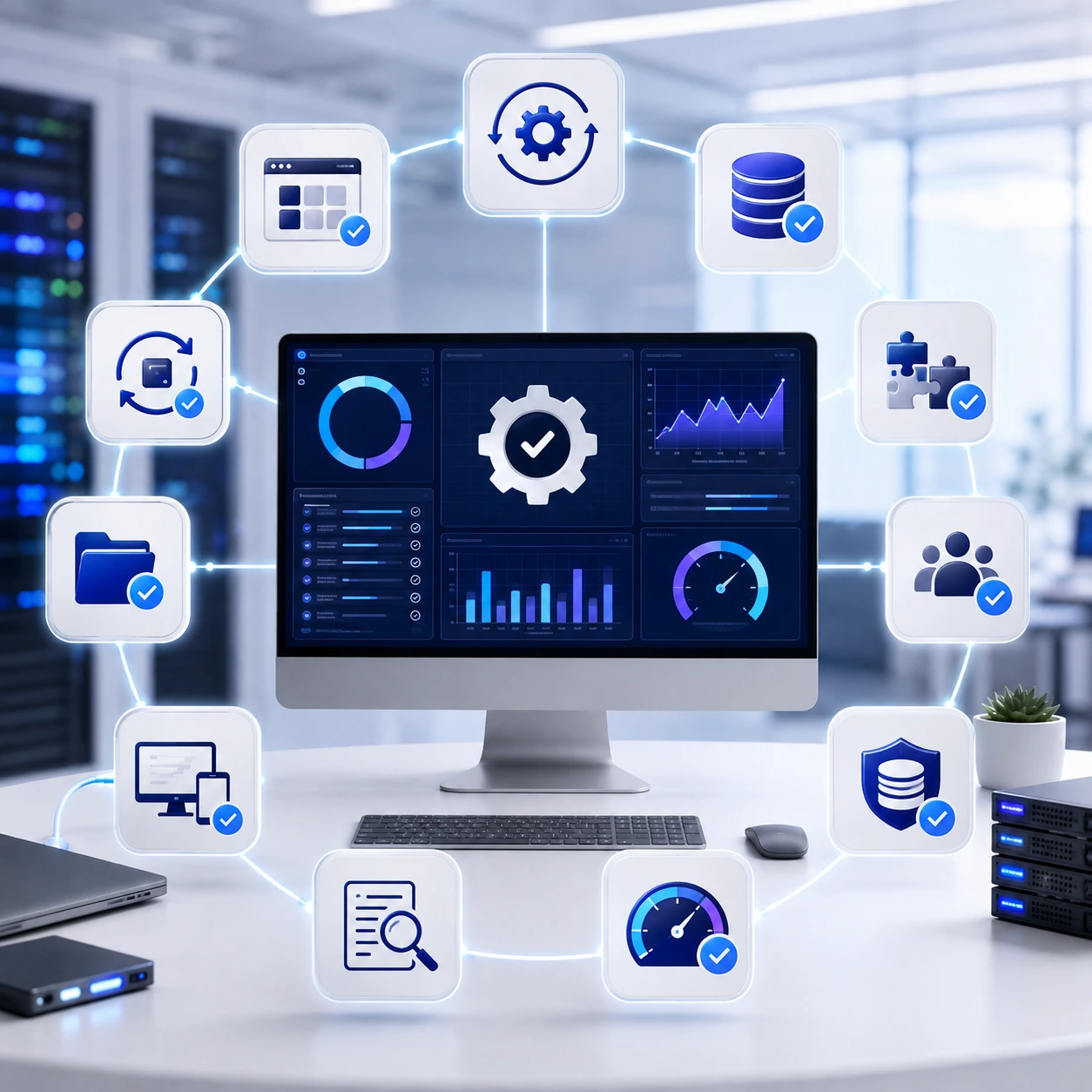 IT support and maintenance dashboard monitoring software updates, databases, backups, performance, and system compatibility