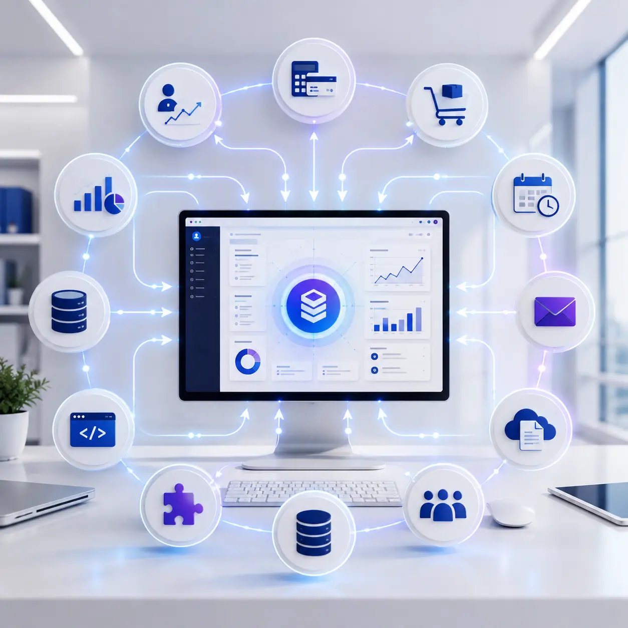 Software integration hub connecting CRM, payments, e-commerce, scheduling, cloud storage, analytics, and business databases.